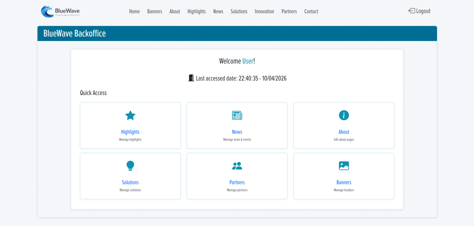 BlueWave CMS admin dashboard