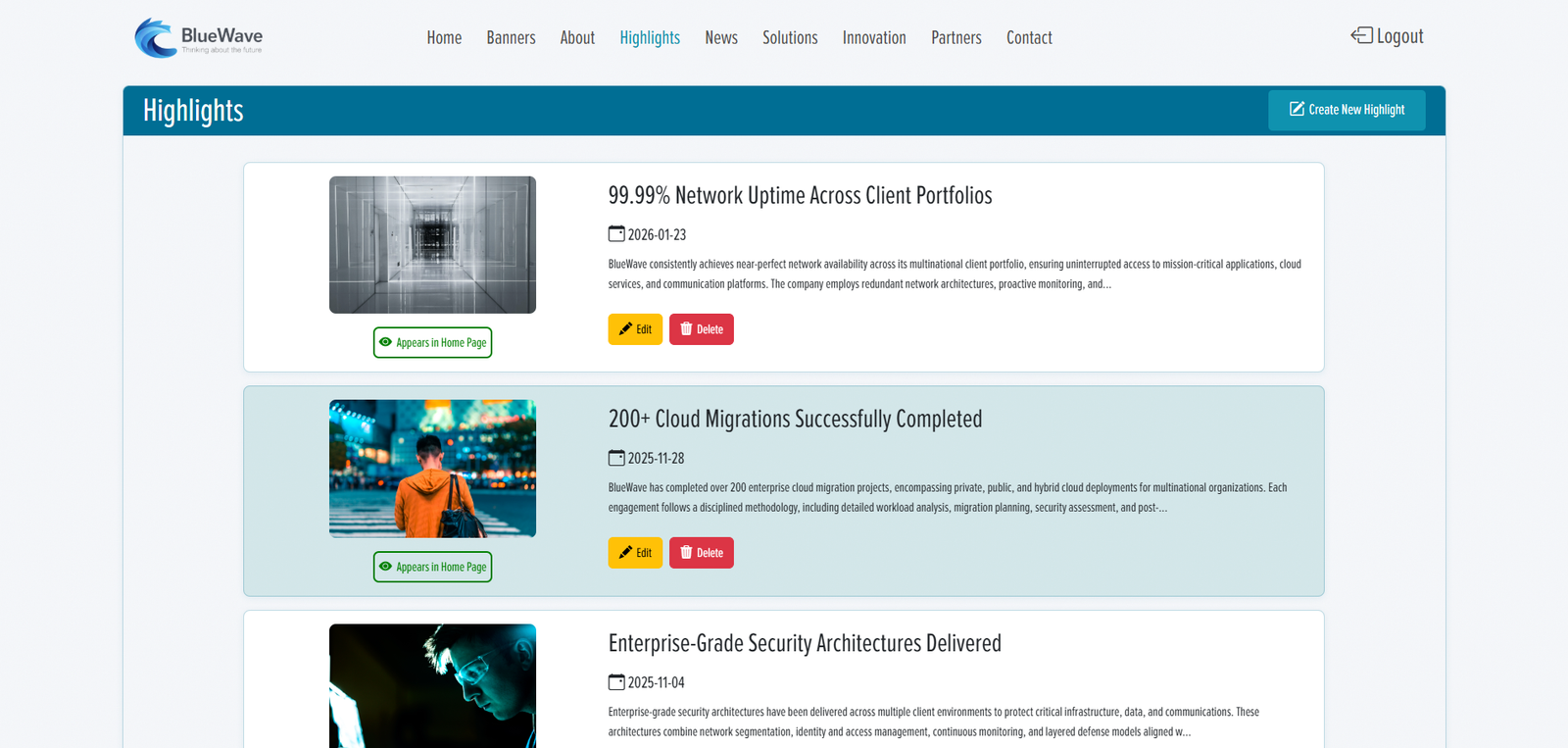 BlueWave CMS Backoffice Highlights edit page