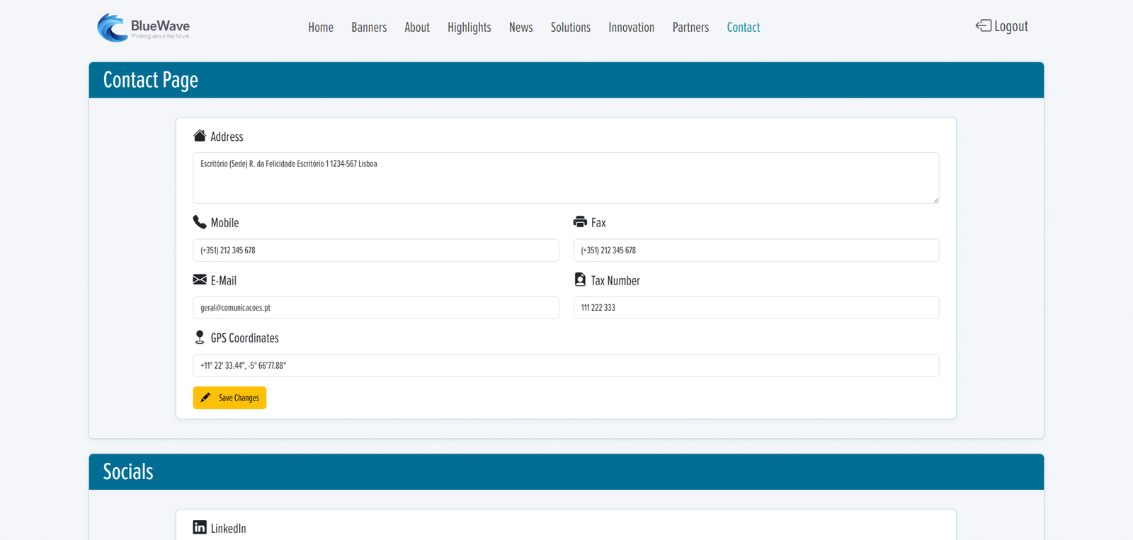 BlueWave CMS Backoffice Contact edit page